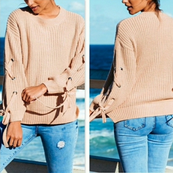 Sweaters - New Beige Oversized Lace Up Sleeves Sweater